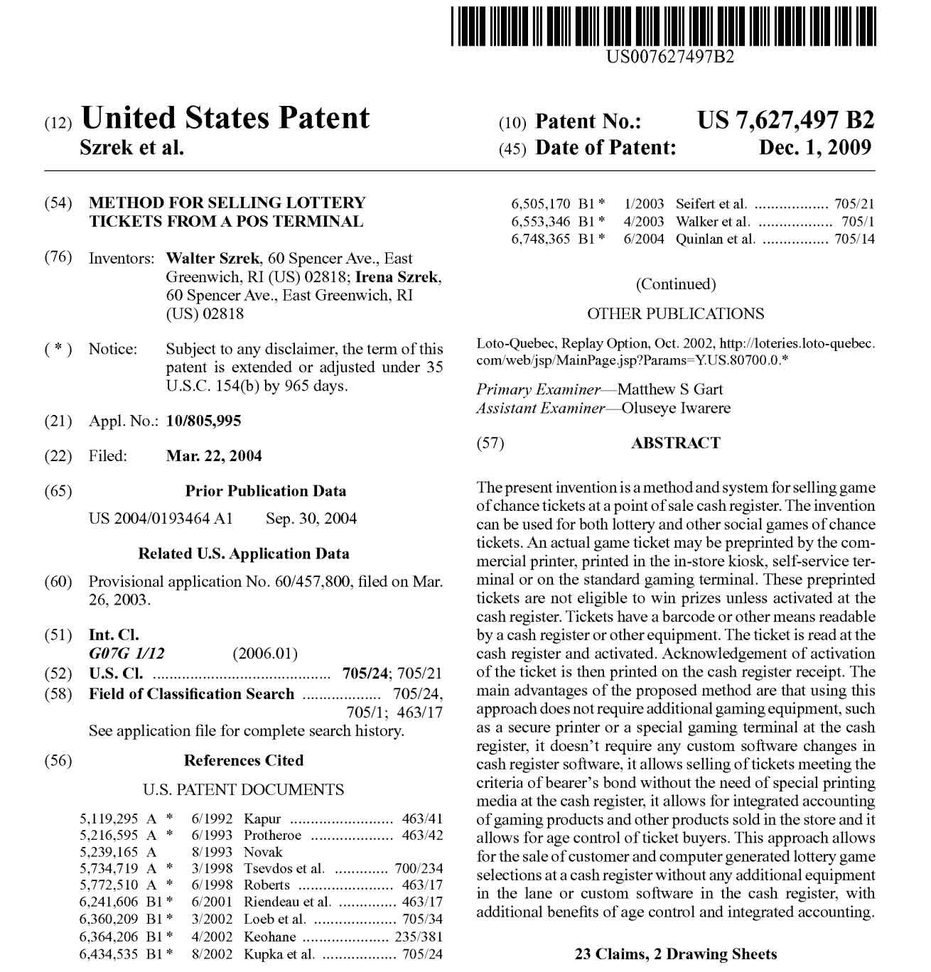 Szrek Receives Patent for Method for Selling Lottery Tickets from Pos Terminal