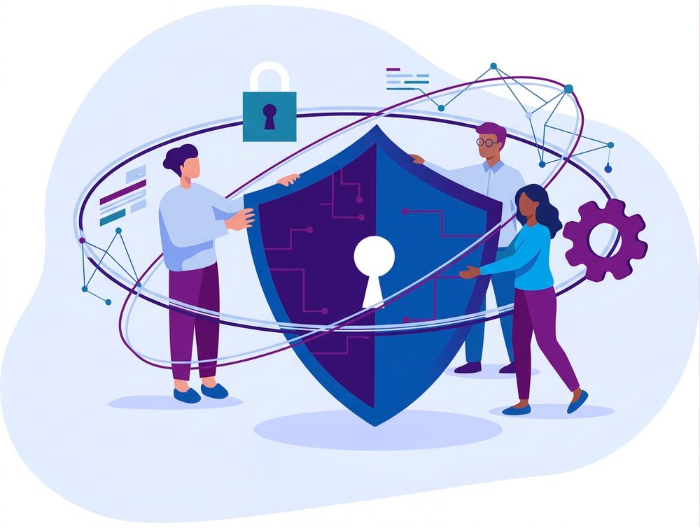 Illustration of three people holding a large shield with a keyhole, surrounded by a padlock, a gear and network lines